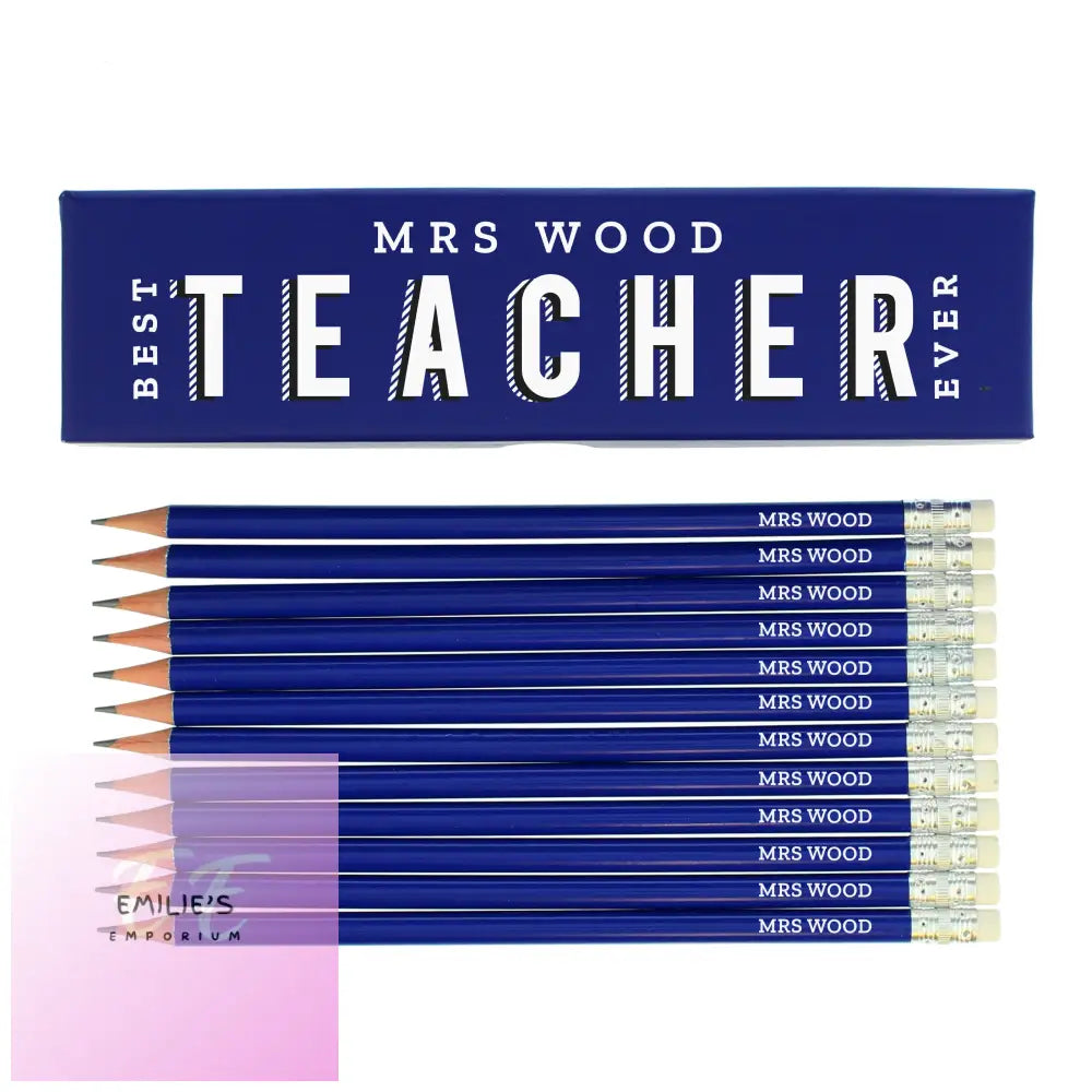 Personalised Best Teacher Ever Box And 12 Blue Hb Pencils