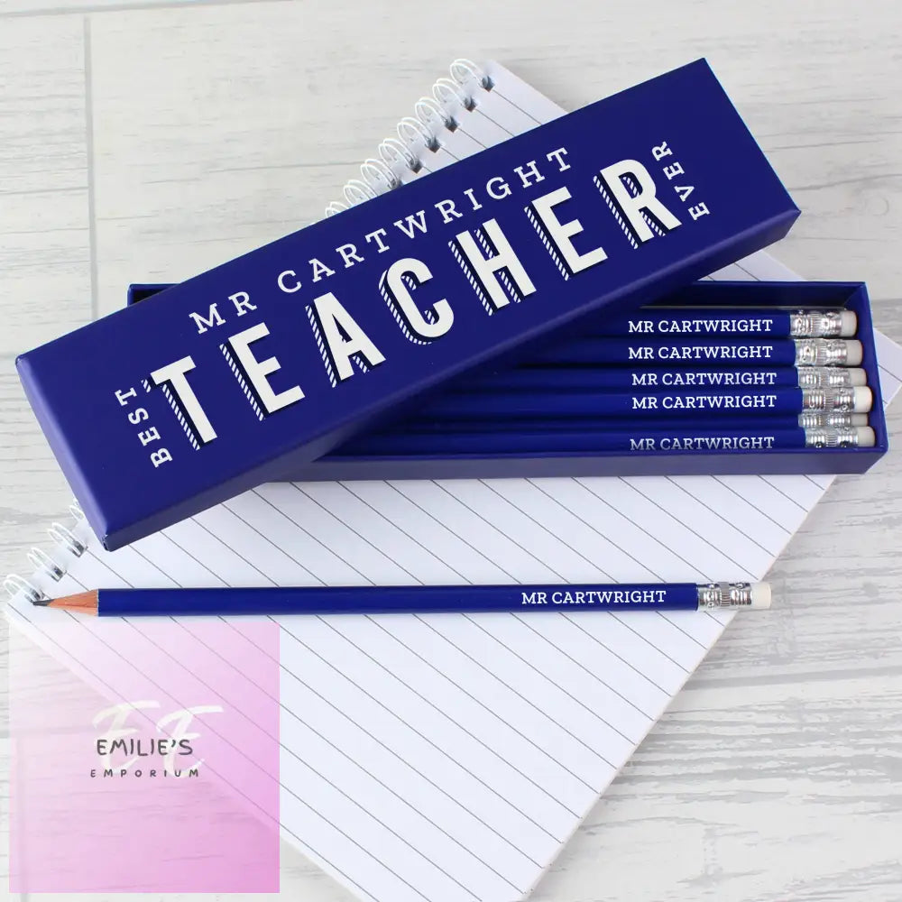 Personalised Best Teacher Ever Box And 12 Blue Hb Pencils