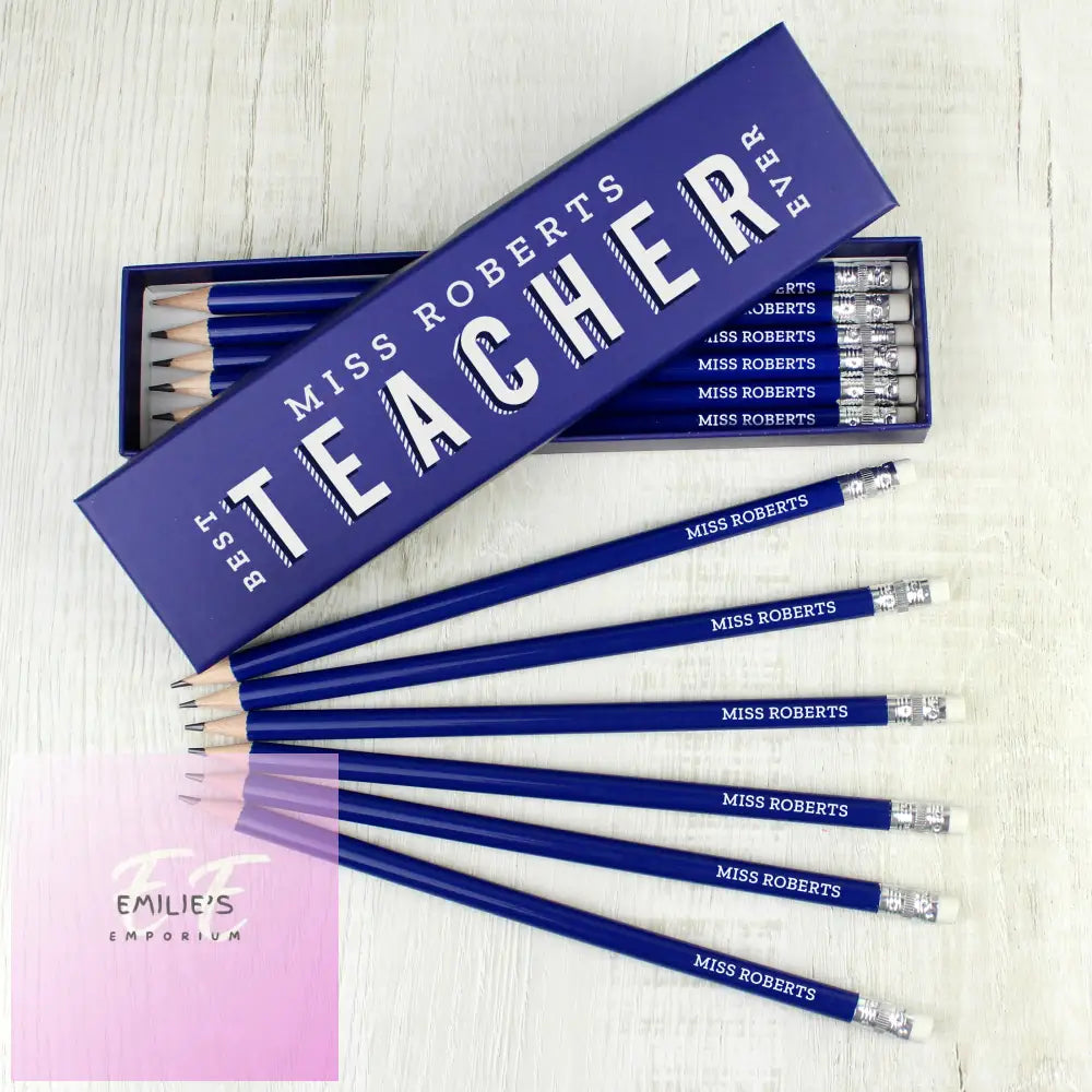 Personalised Best Teacher Ever Box And 12 Blue Hb Pencils