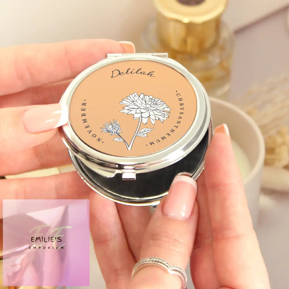 Personalised Birth Flower Round Compact Mirror