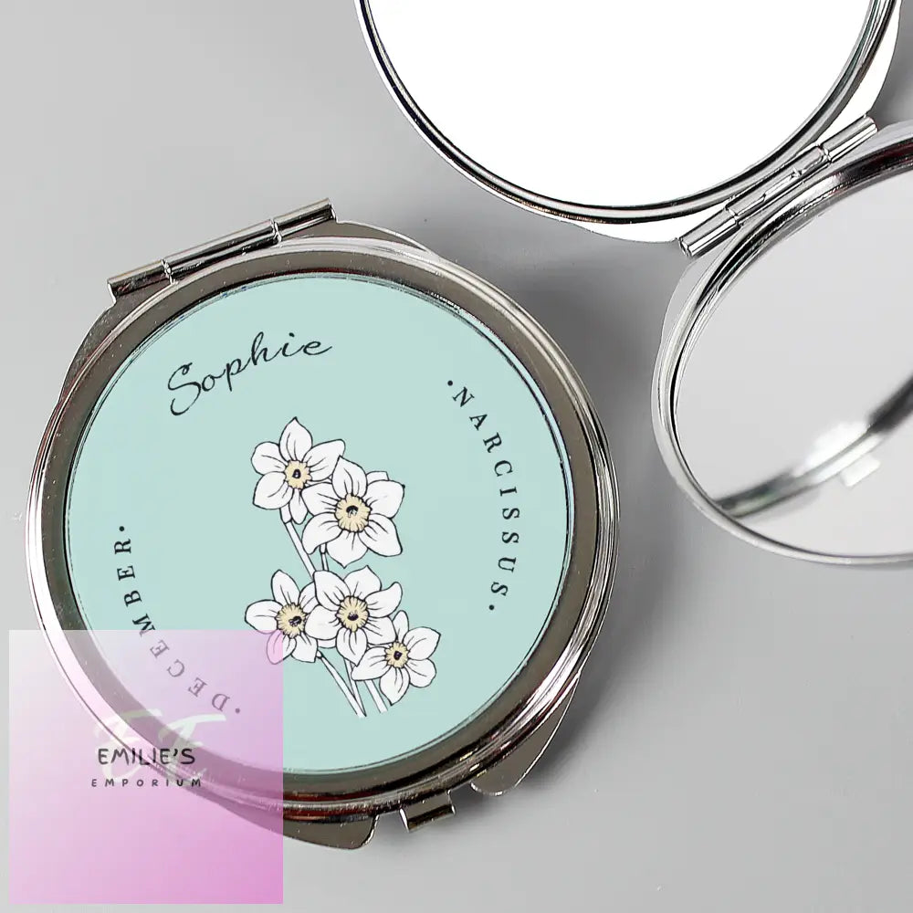 Personalised Birth Flower Round Compact Mirror