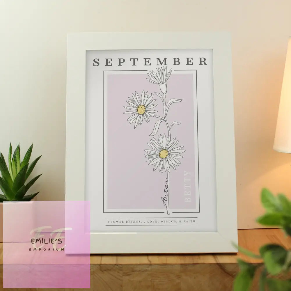 Personalised Birth Flower White A4 Framed Print