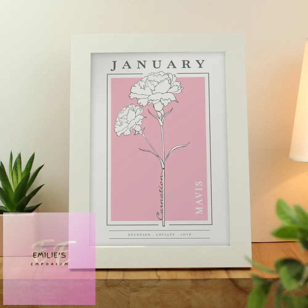 Personalised Birth Flower White A4 Framed Print