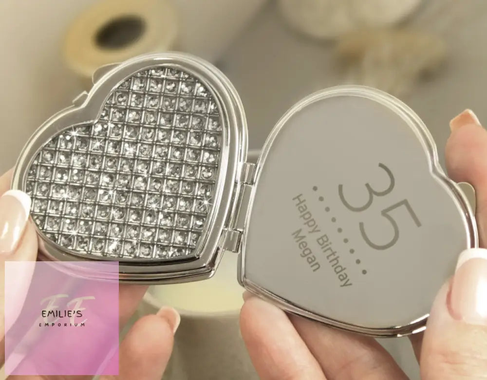 Personalised Birthday Big Age Diamante Heart Compact Mirror