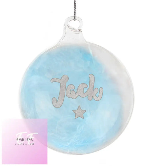 Personalised Blue Feather Silver Star Glass Bauble