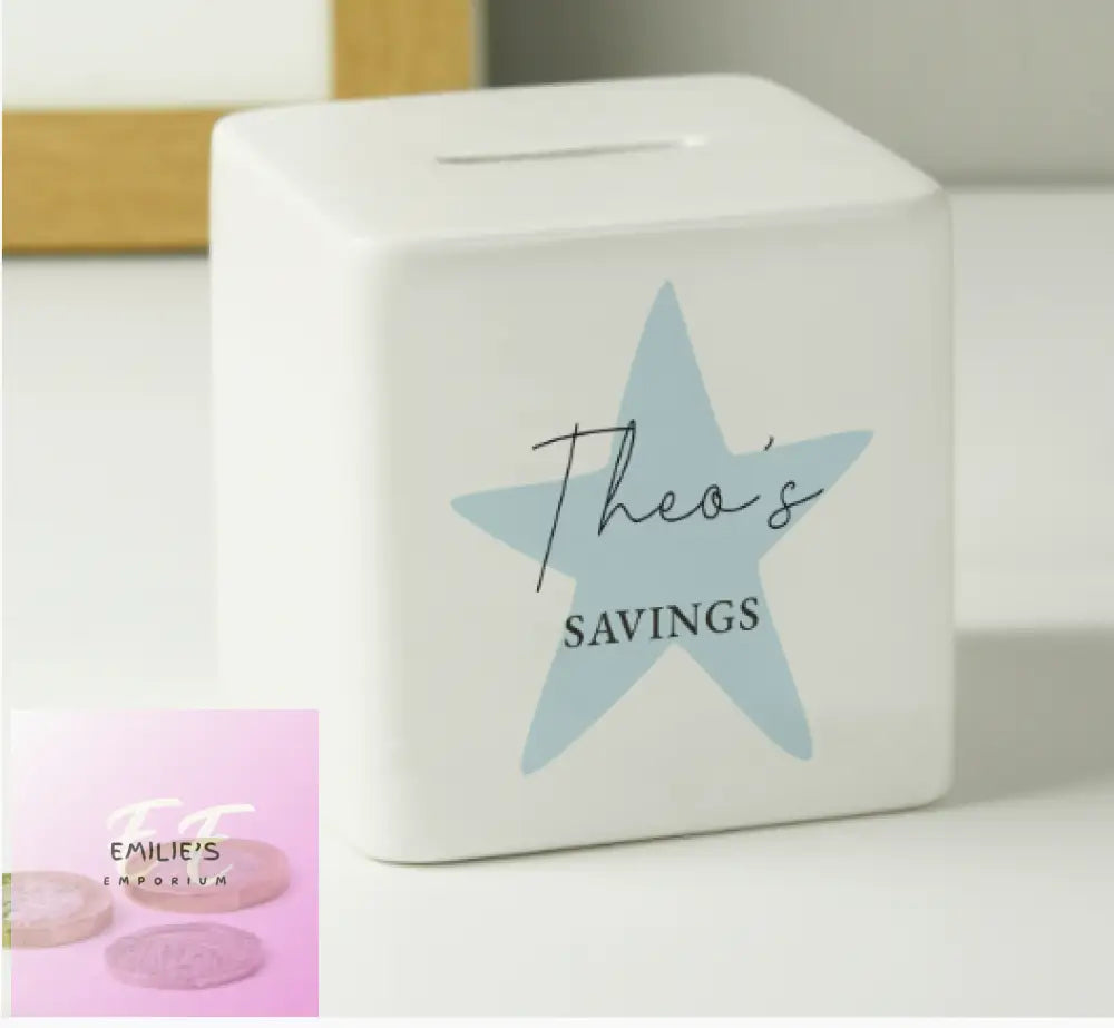 Personalised Blue Star Ceramic Square Money Box