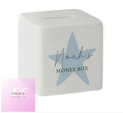 Personalised Blue Star Ceramic Square Money Box