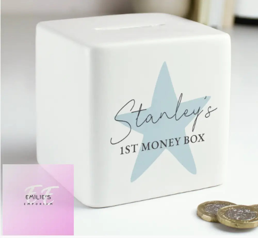 Personalised Blue Star Ceramic Square Money Box