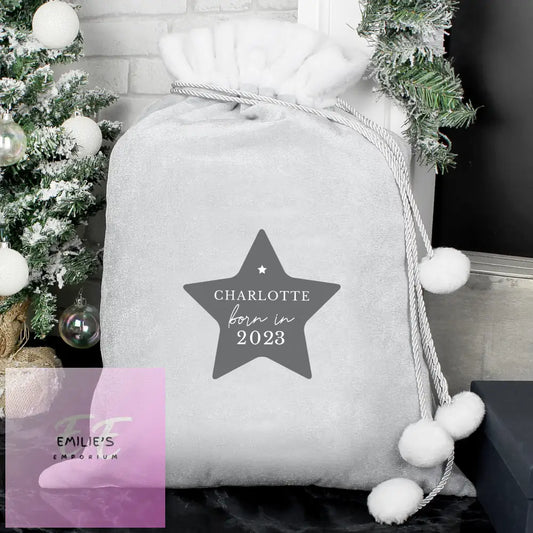 Personalised Born In Luxury Silver Grey Pom Sack