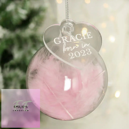 Personalised Born In Pink Feather Glass Bauble With Heart Tag