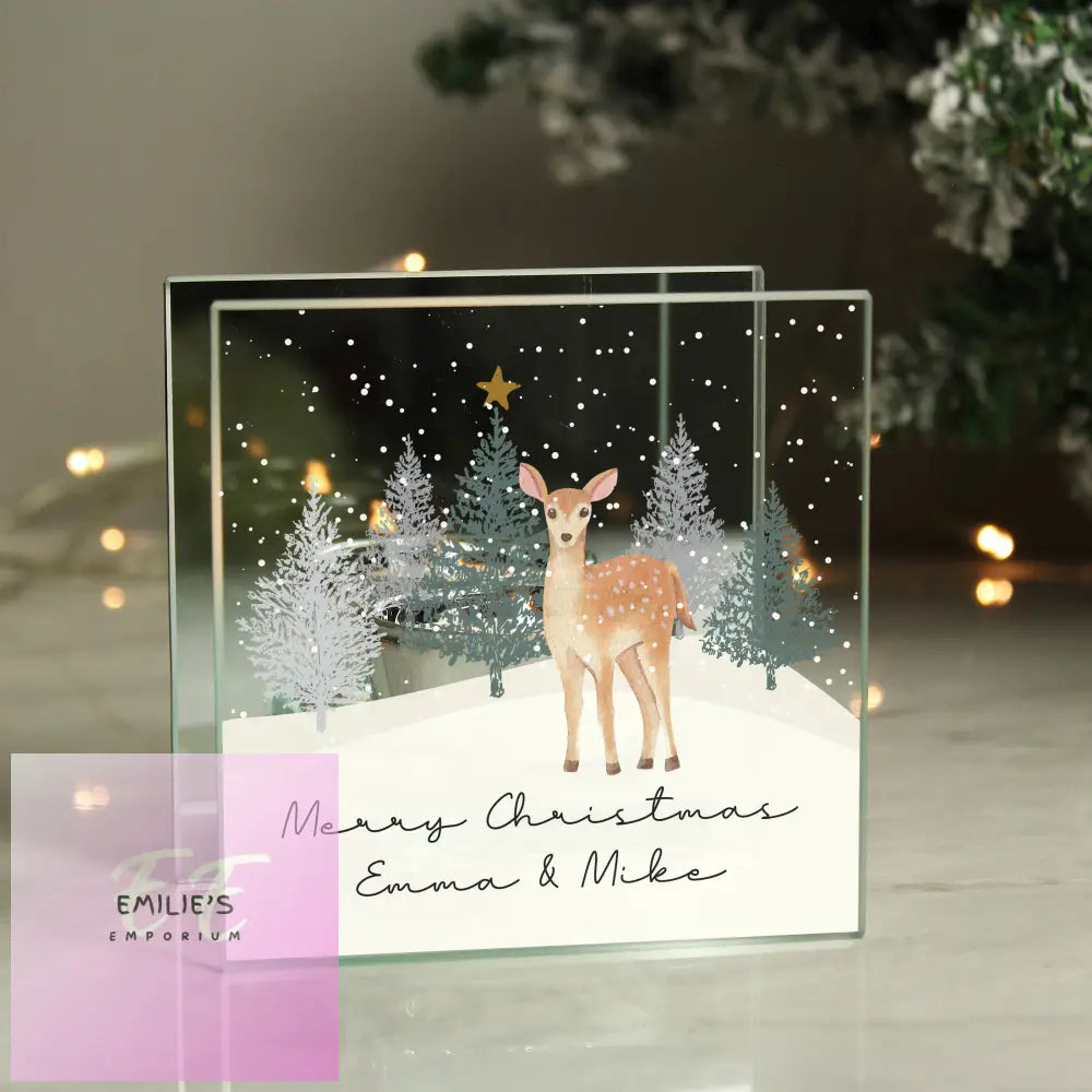 Personalised Christmas Deer Glass Tea Light Candle Holder