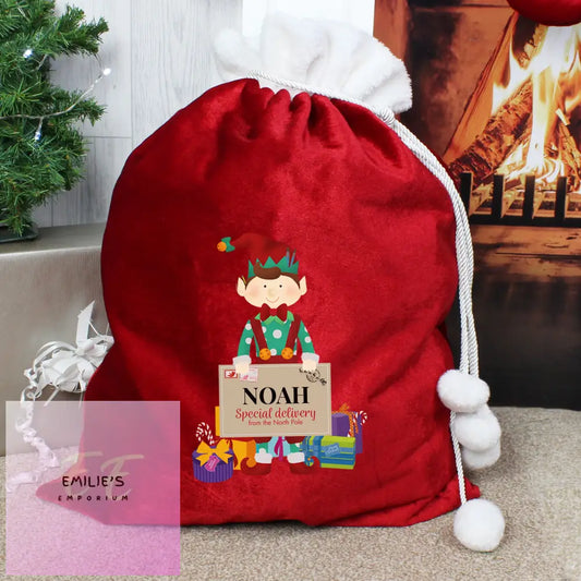 Personalised Christmas Elf Luxury Pom Red Sack