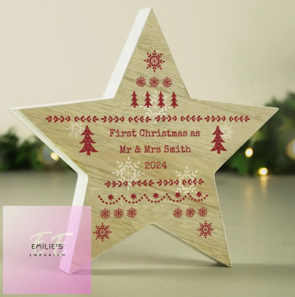 Personalised Christmas Fair Isle Wooden Star Ornament