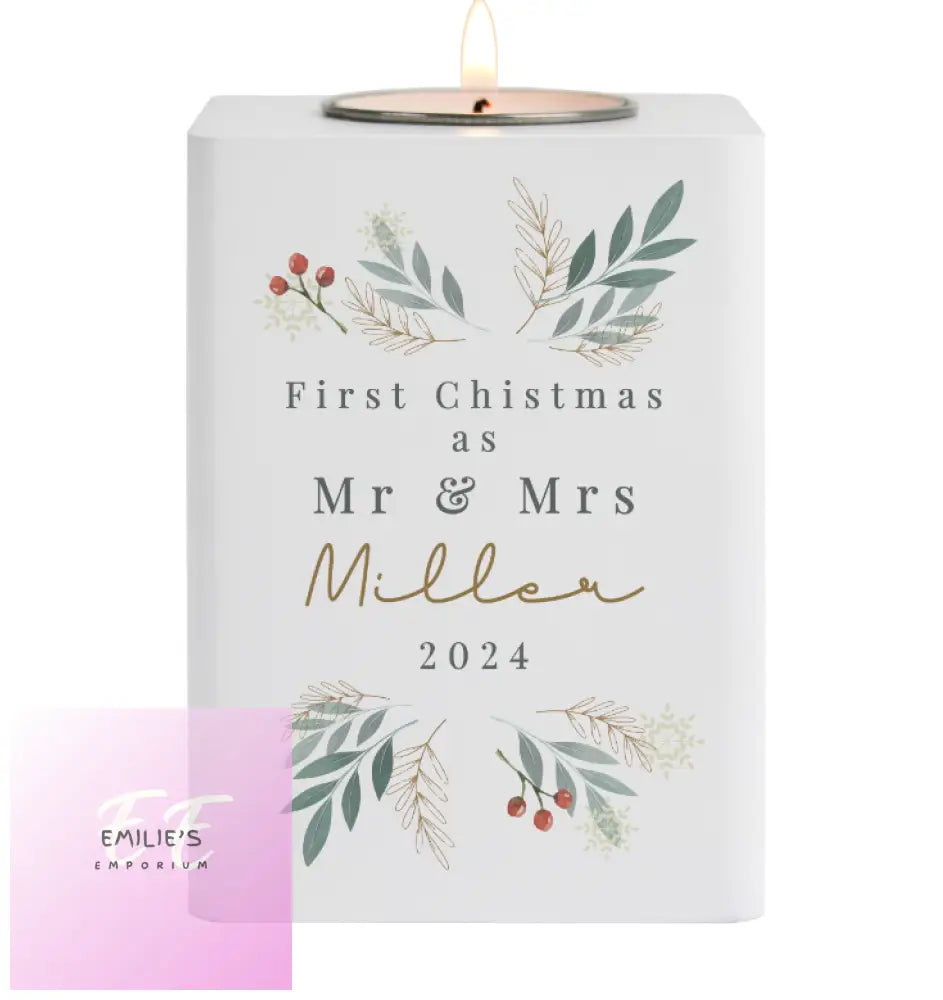 Personalised Christmas Foliage White Tealight Holder