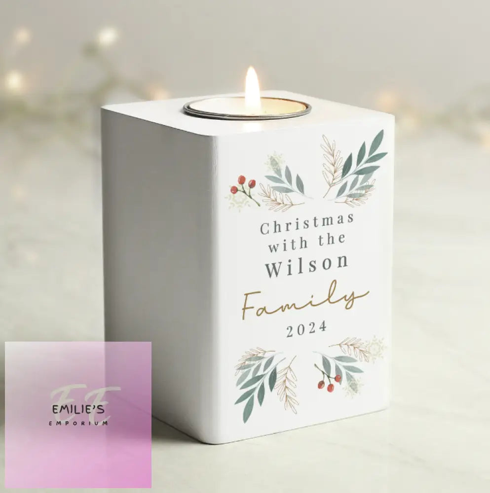 Personalised Christmas Foliage White Tealight Holder