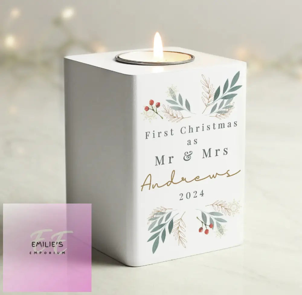 Personalised Christmas Foliage White Tealight Holder