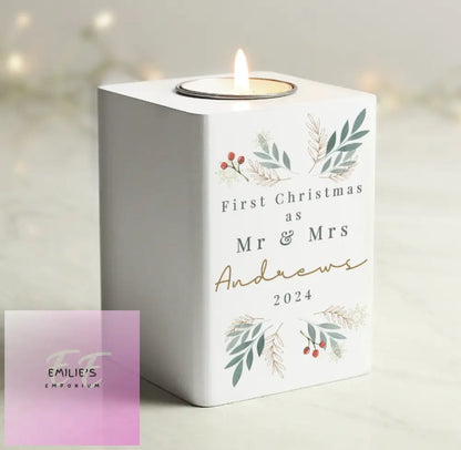 Personalised Christmas Foliage White Tealight Holder