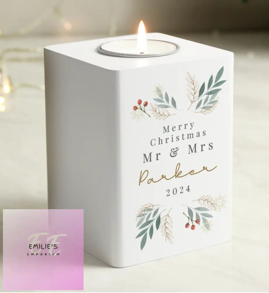 Personalised Christmas Foliage White Tealight Holder