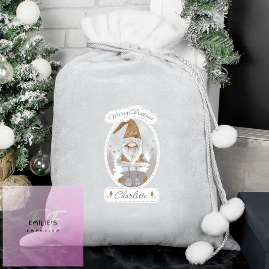 Personalised Christmas Gonk Luxury Silver Grey Pom Sack