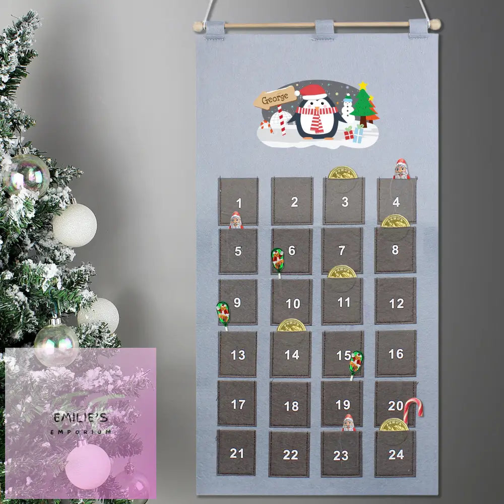 Personalised Christmas Penguin Advent Calendar In Silver Grey