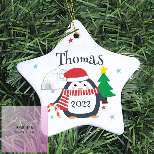 Personalised Christmas Penguin Ceramic Star Decoration