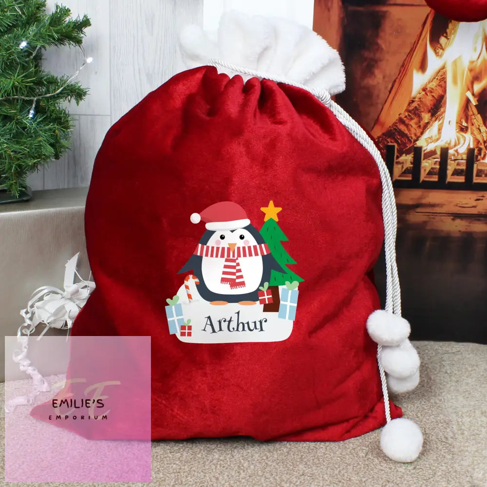 Personalised Christmas Penguin Luxury Pom Red Sack