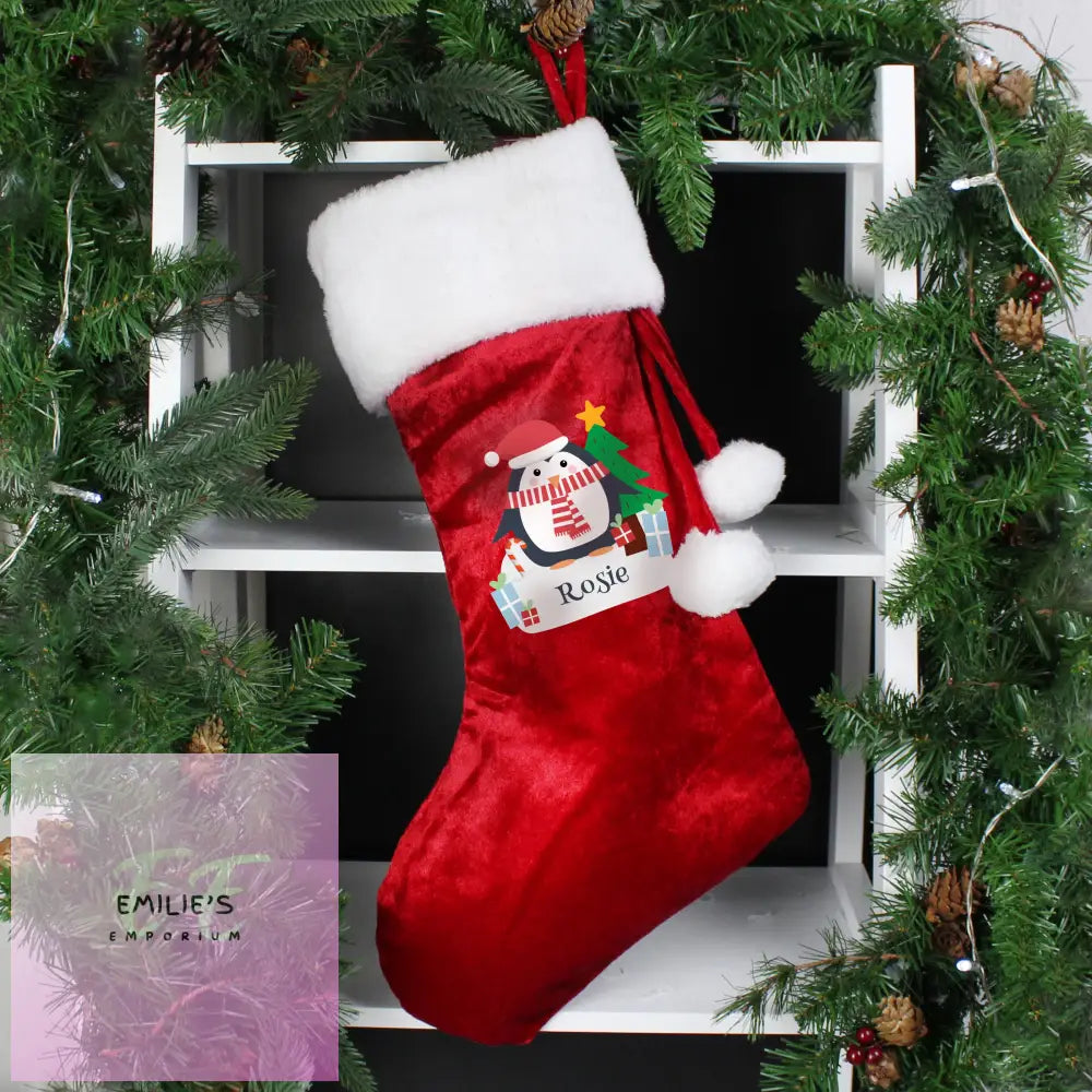 Personalised Christmas Penguin Red Stocking