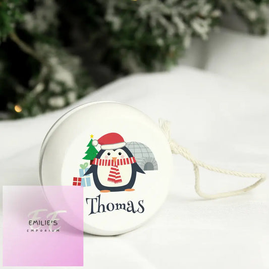 Personalised Christmas Penguin White Wooden Yoyo