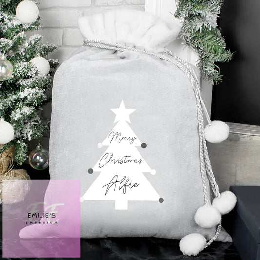 Personalised Christmas Tree Luxury Silver Grey Pom Sack