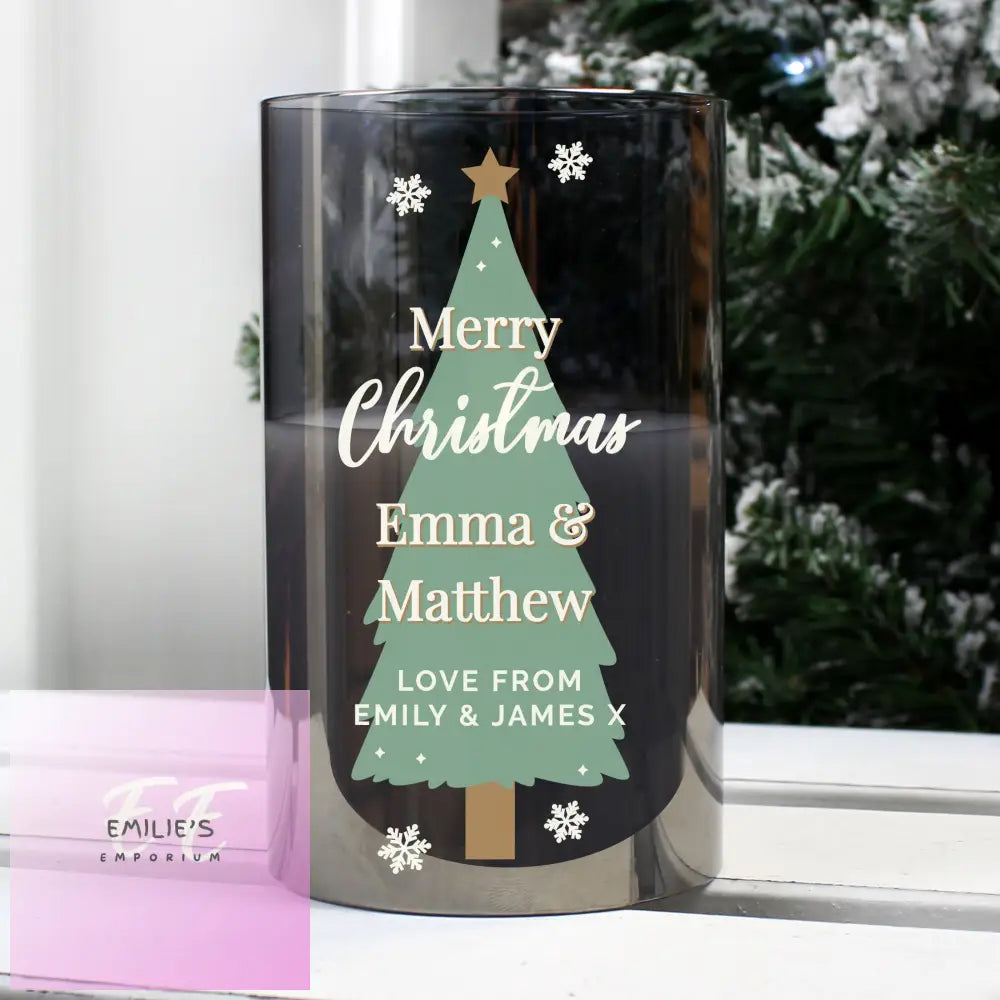 Personalised Christmas Tree Smoked Glass Led Candle