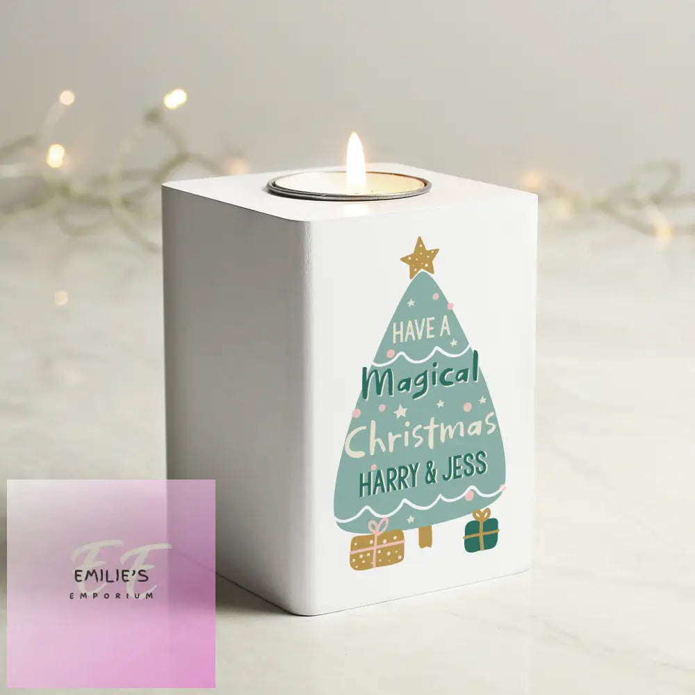 Personalised Christmas Tree White Wooden Tea Light Holder