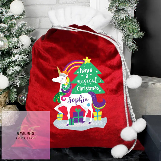 Personalised Christmas Unicorn Luxury Pom Red Sack