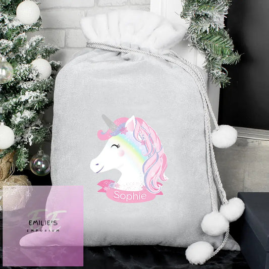 Personalised Christmas Unicorn Luxury Silver Grey Pom Sack