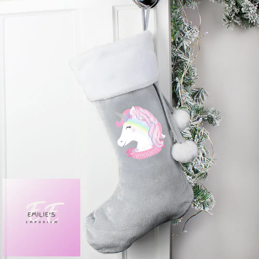 Personalised Christmas Unicorn Luxury Silver Grey Stocking