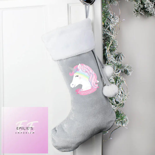 Personalised Christmas Unicorn Luxury Silver Grey Stocking