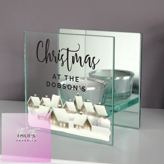 Personalised Christmas Village Mirrored Glass Tea Light Candle Holder