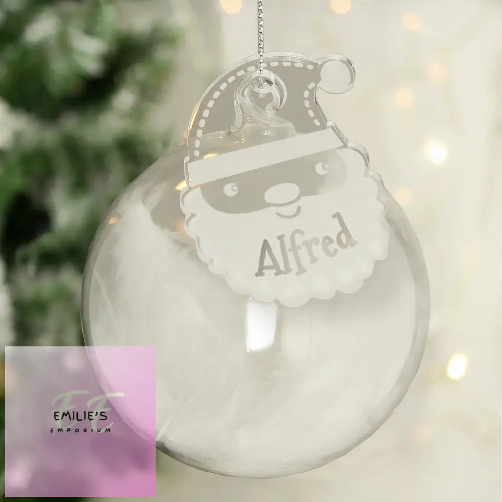 Personalised Christmas White Feather Glass Bauble With Santa Tag