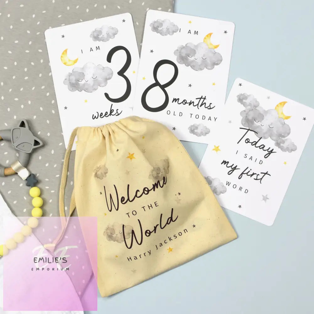 Personalised Cloud Baby Milestone Cards In Drawstring Bag