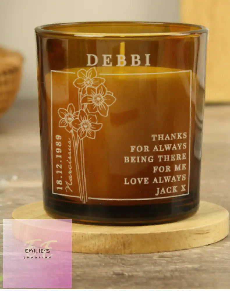 Personalised December Birth Flower Amber Glass Candle