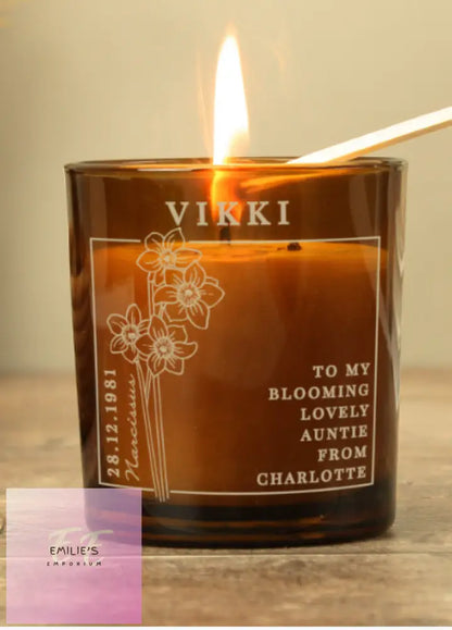 Personalised December Birth Flower Amber Glass Candle