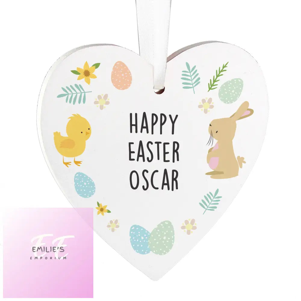 Personalised Easter Bunny & Chick Wooden Heart Decoration