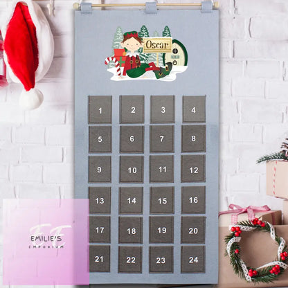 Personalised Elf Advent Calendar In Silver Grey