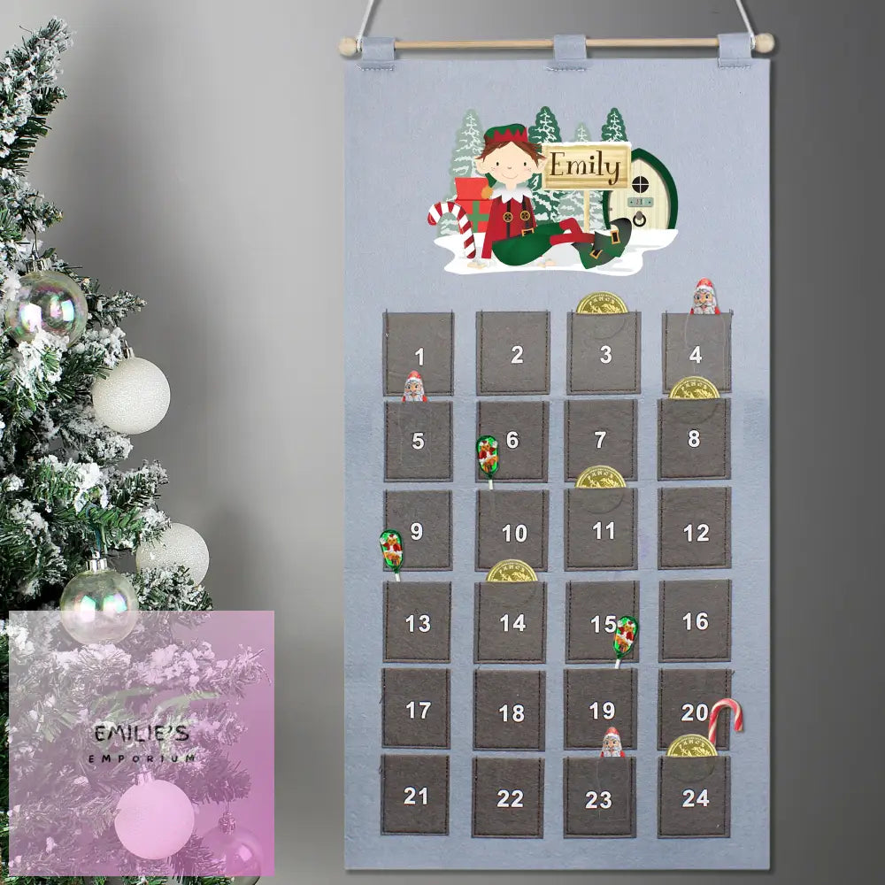 Personalised Elf Advent Calendar In Silver Grey