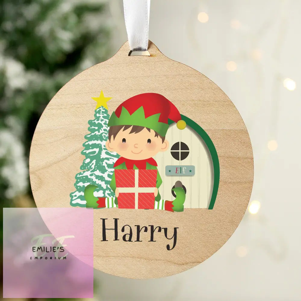 Personalised Elf Round Wooden Decoration