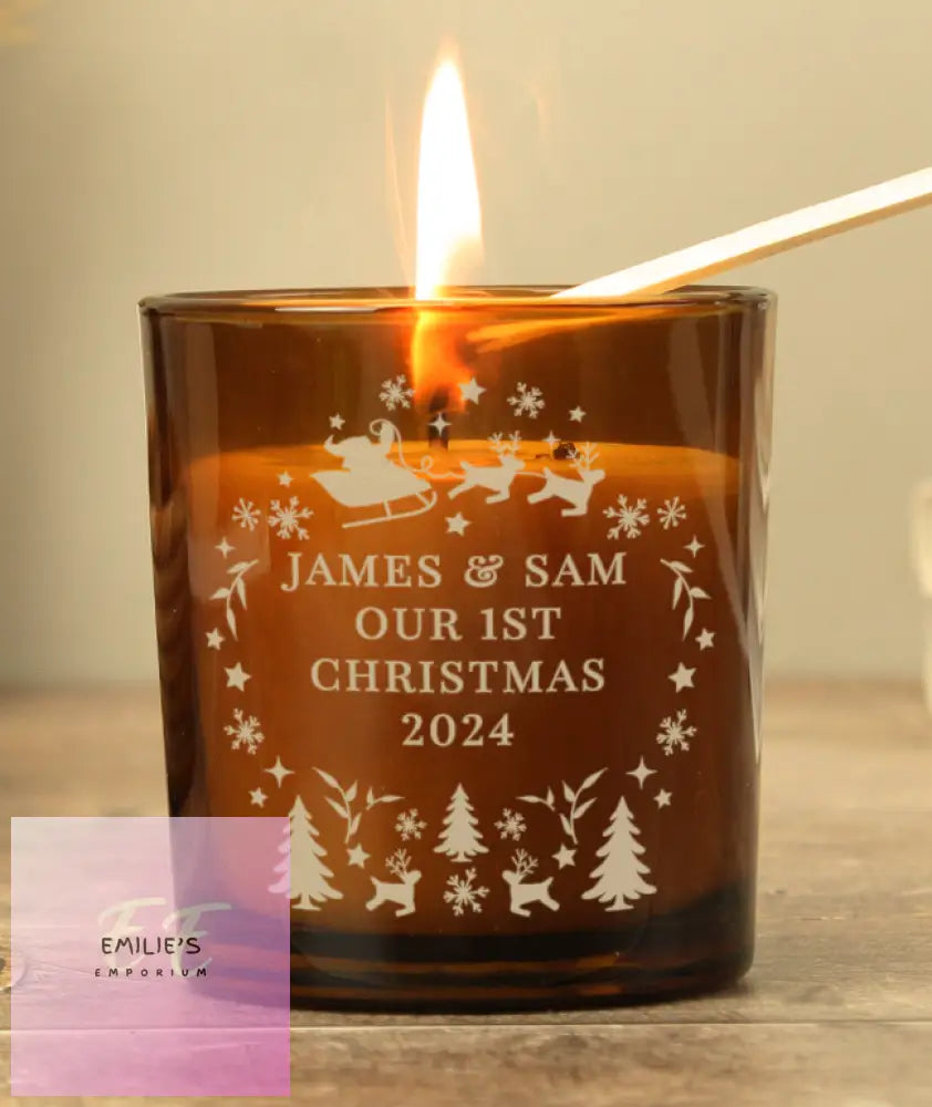 Personalised Engraved Christmas Amber Glass Candle