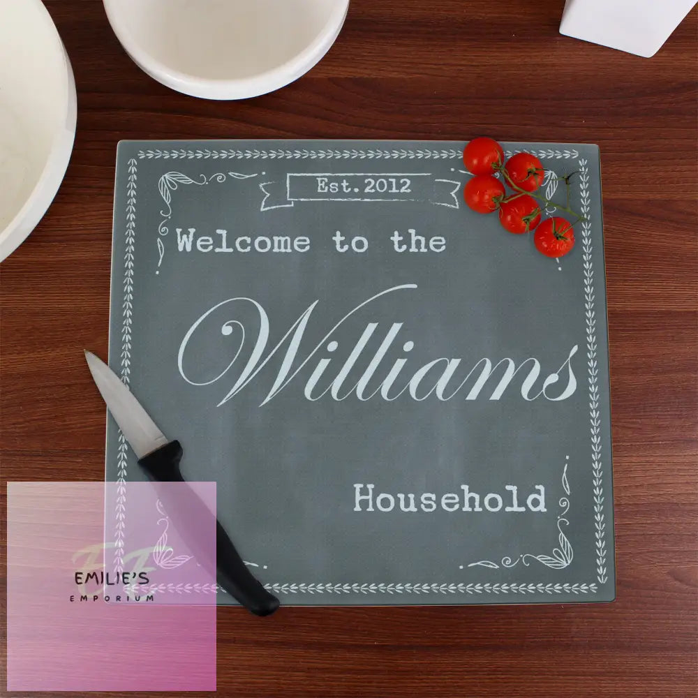 Personalised Family Chalk Glass Chopping Board/Worktop Saver