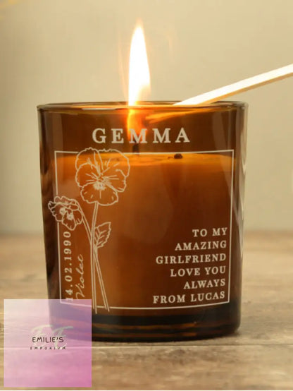 Personalised February Birth Flower Amber Glass Candle