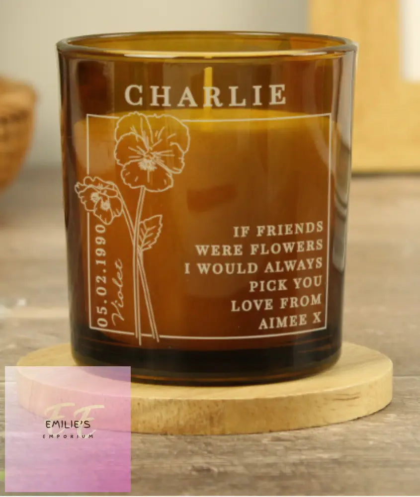 Personalised February Birth Flower Amber Glass Candle