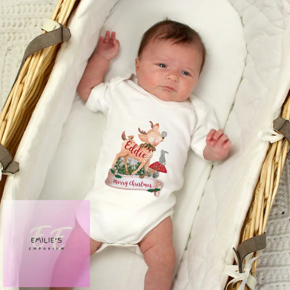 Personalised Festive Fawn 0-3 Months Baby Vest