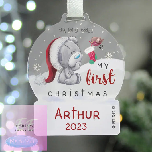 Personalised First Christmas Tiny Tatty Teddy Acrylic Snow Globe Decoration